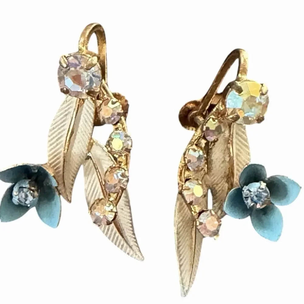 Vintage Austria AB Crystal Metal Floral & Leaf Painted Screw Back Earrings 50s